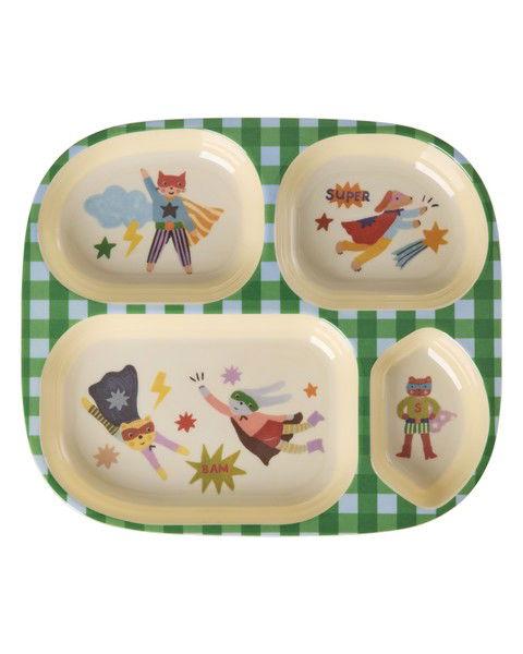 Melamin Kinderteller mit 4 Räumen Hero Grün
